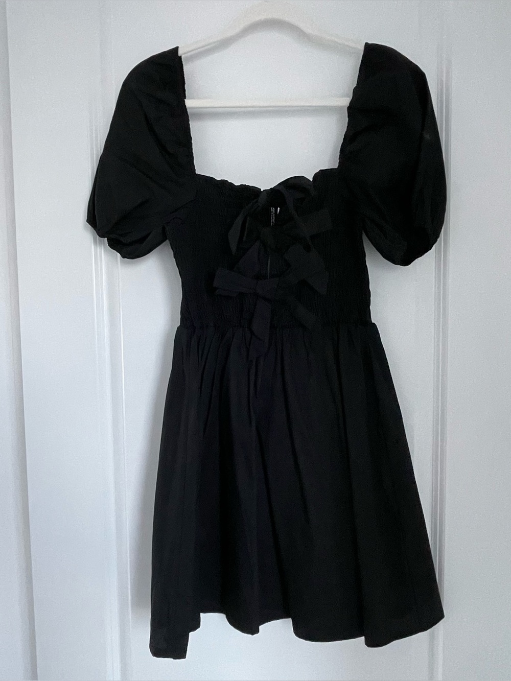 H&M Black Puff Sleeve Babydoll Dress with 3 center bows
